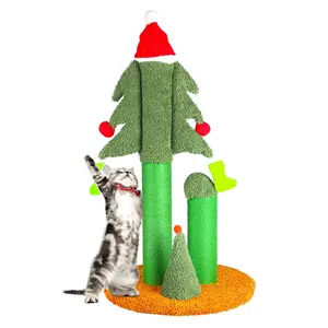 Niubya 32'' Cat Scratching Post, Tall Christmas Tree Cat Scratcher with 3 Posts and Cute Dangling Teaser Balls, Natural Sisal Rope Cat Toys for Kitty and Adult Cats pet stair