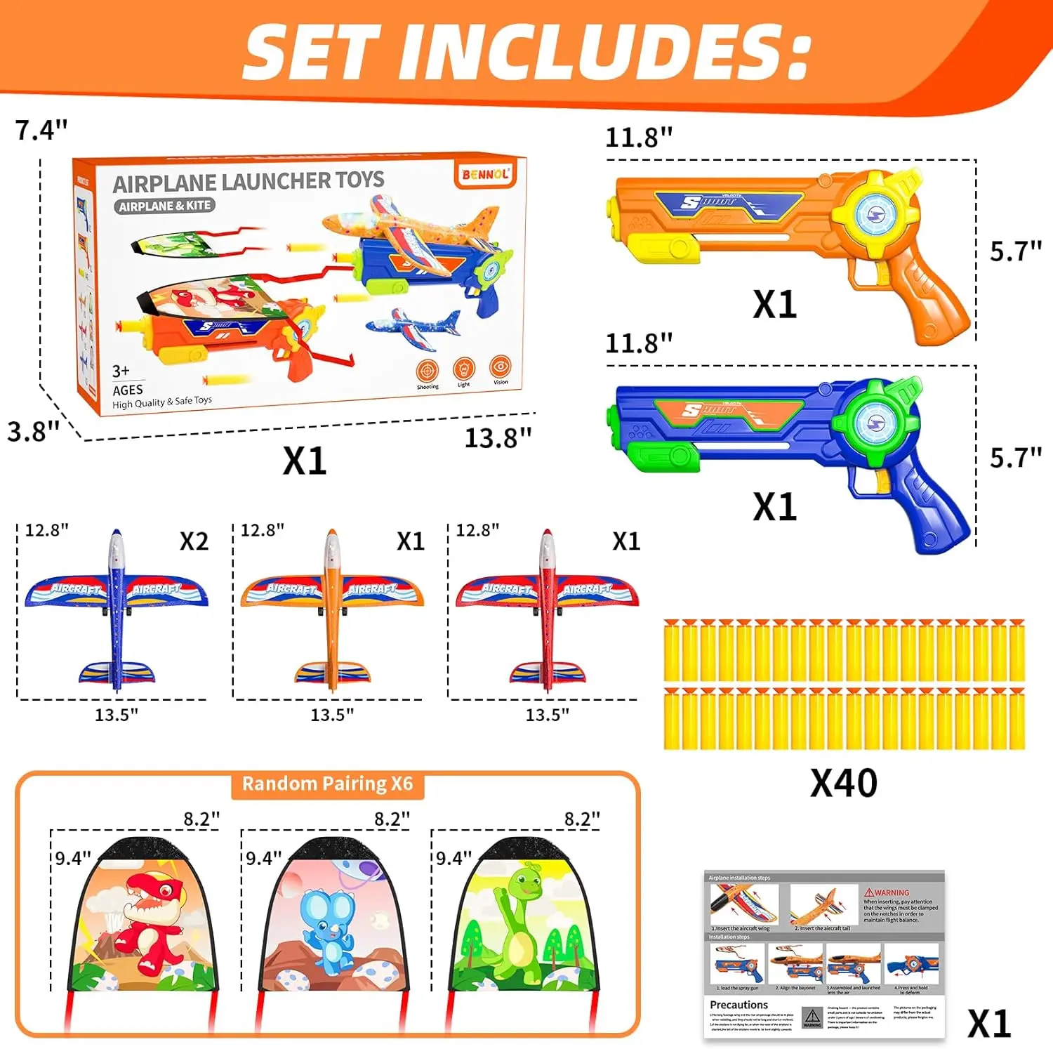 3 Airplane 3 Kites Dual Flight Foam Gliders with LED Lights - Versatile Airplane Launcher Toy Set