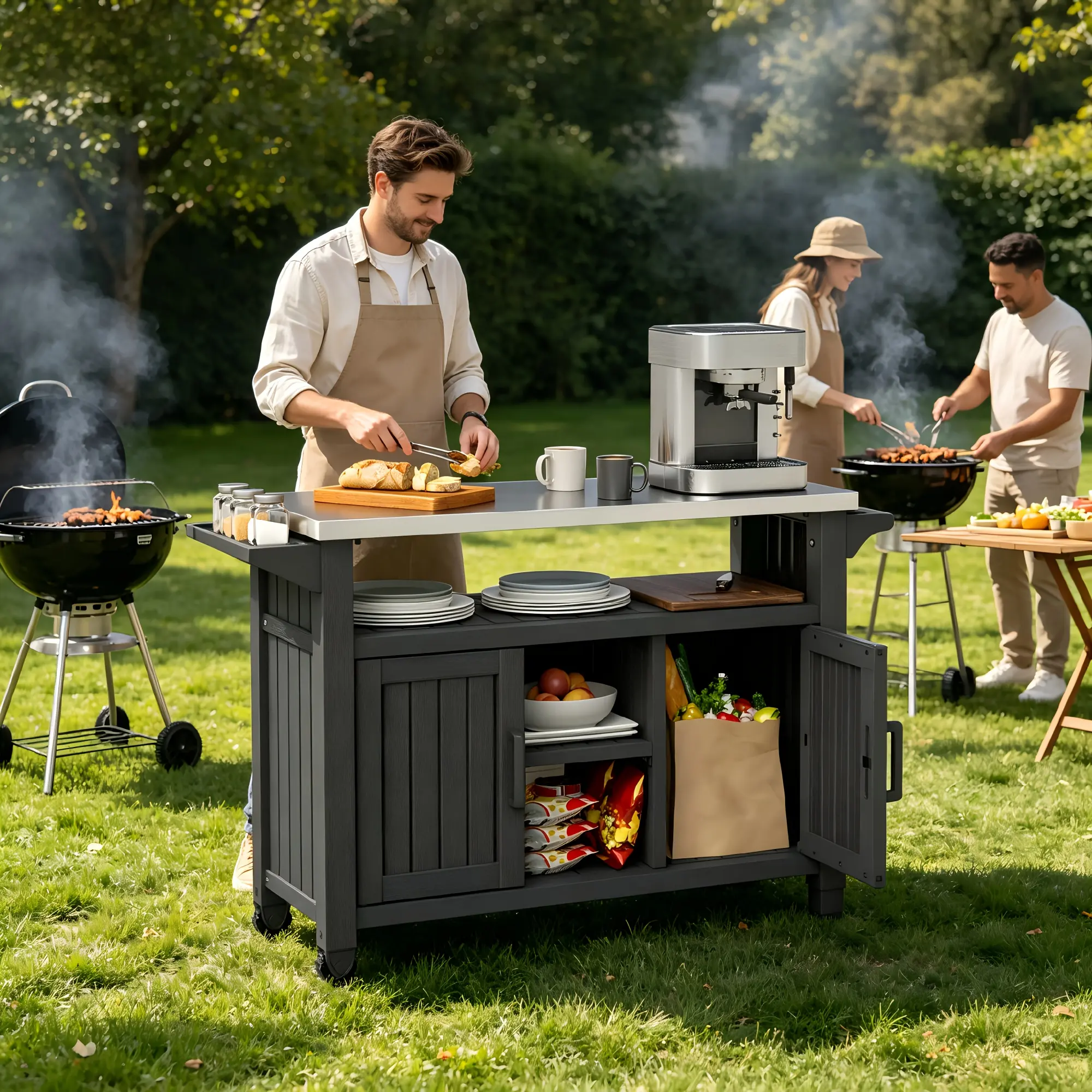 Bifanuo Black Weatherproof Outdoor Storage Cabinet with Stainless Steel Top, Lockable Wheels, Rolling Utility Cart for BBQ Grill Prep & Patio Serving