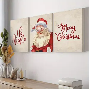 3-Piece Holiday Santa Claus Canvas Wall Art Set, Christmas Holiday Decoration, Kindergarten and Living Room Display Art Crafts, Wrapped Canvas Paintings