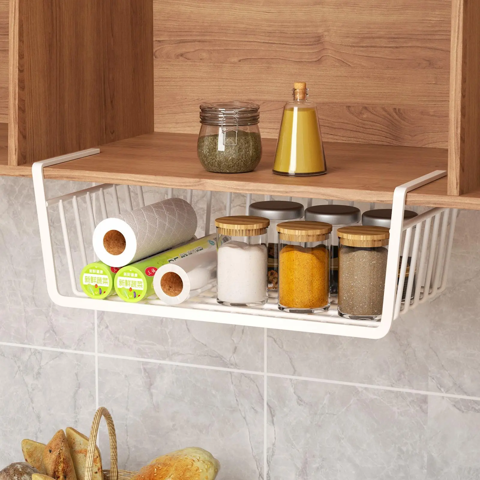 Slide Under Cabinet Storage Shelf, Hanging Storage Basket, Space Saving Add-on Storage Rack, Slide-in Basket Organizer For Kitchen Counter, Pantry, De