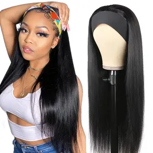 28 Inch 250% Density Headband Wig Blended Human Hair Straight Machine Made Wigs None Lace Front Wigs Glueless Human Hair Wig for Women Natural Color