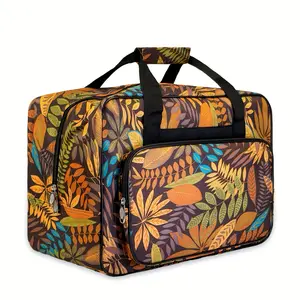 1pc Fabric Sewing Machine Carry Case with Pocket, Mixed Color Leaf Pattern, Universal Travel Tote Storage Bag for Most Standard Sewing Machines
