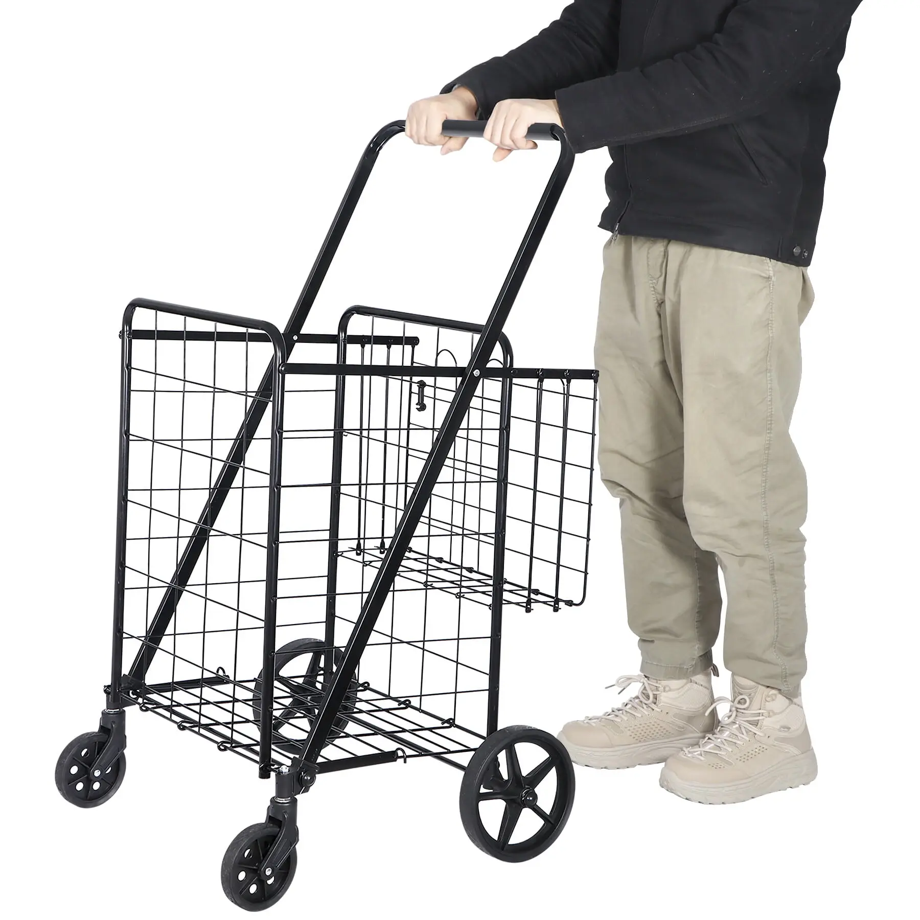 Zeny 2-Tier Strong Organizational Collapsible Multi-Functionality Utility Cart - Portable Steel Frame, PVC Basket, Wheels, Folding Buckle, 120lb Capacity Trolley for Grocery, Laundry, Multi-Functionality Utility Carts, Strong Utility Carts