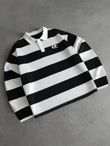 Men's Black and White Stripe Long Sleeve Polo Shirt with Classic Collar and Relaxed Fit, Vintage Inspired Streetwear Top for Urban Fashion and Casual Daily Wear