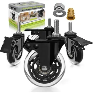 3 Inch Rubber Caster Wheels with  Locks (4 Pack) Heavy-Duty Rollerblade Style Castors with 3/8" - 16 UNC Threaded Stem & Mounting Hardware, Black/Clear