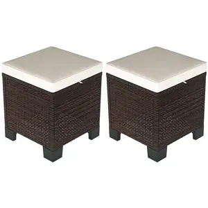 2 Piece Wicker Outdoor Ottomans – Use as Extra Seating, Comfy Footrests, or Side Tables (Remove Cushions). Square Set for Patio, Yard & Poolside. Beige