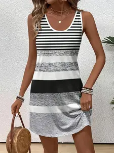 Elegant Women's Sleeveless Loose Dress, Summer Striped Print, Casual Fashion, Perfect for Summer Wear, Ladies' Stylish, Bohemian Sleeveless Dress