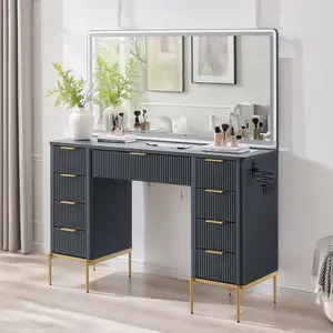 REDLEMON Makeup Vanity with Mirror, 3-Color Lights, Large Vanity with 9 Drawers and 12 Storage Compartments, Power Outlet, Glass Vanity