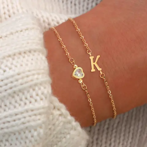 Initials Bracelet Set, Faux Crystal Heart Pendant Bracelet, Dainty Crystal Bracelet, Simple Fashion Stainless Steel Chain Bracelet Set for Women, Heart Design Bracelet, Fashionable Bracelet, Fashion Accessories, Romantic Bracelet Set, Fashion Bracelets