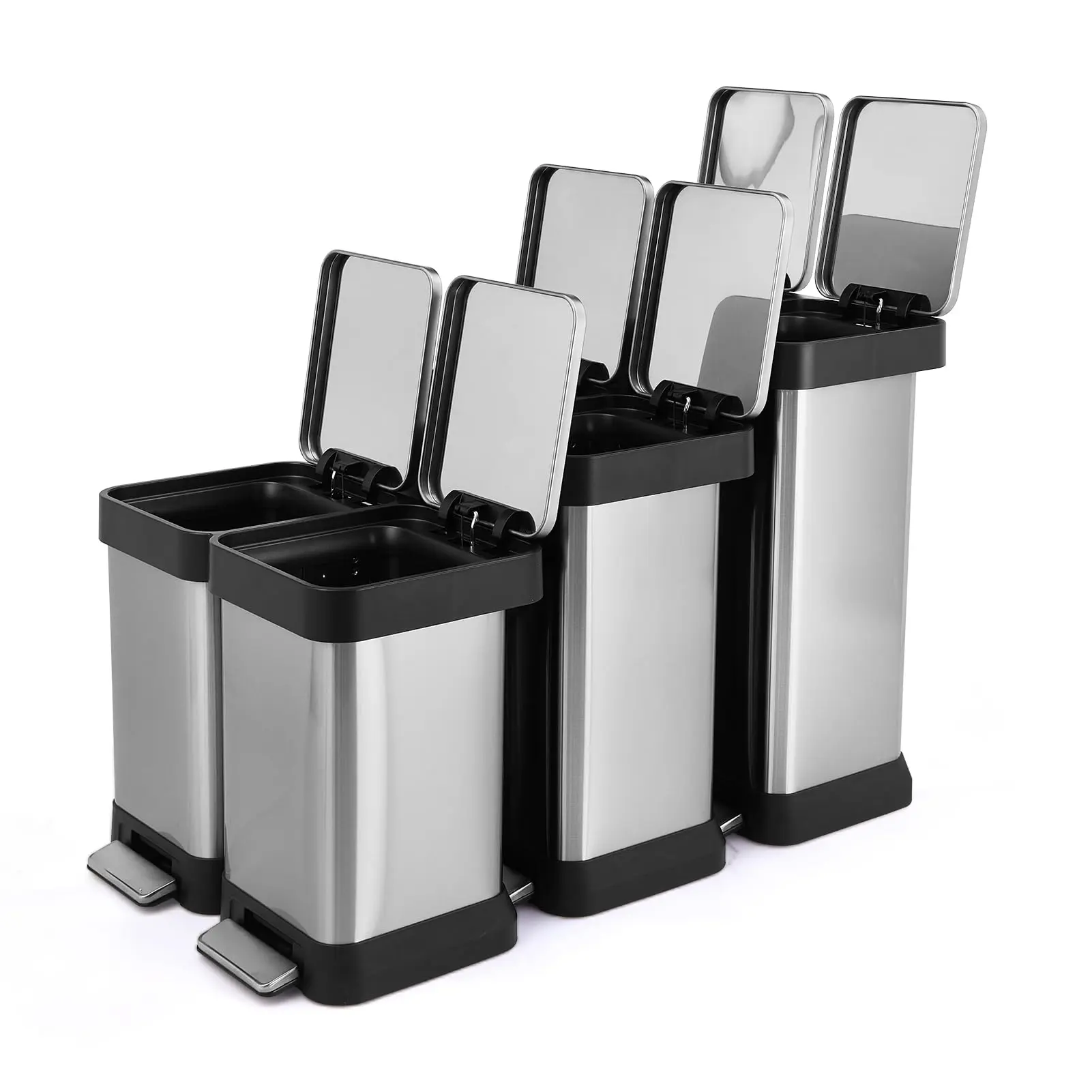 66 Liter / 17.5 Gallon Rectangular Dual Compartment Recycling Kitchen Step Trash Can with Soft-Close Lid, 30L+36L Two Compartment Recycle Bin with 1 Removable Inner Buckets and Foot Pedal for Kitchen
