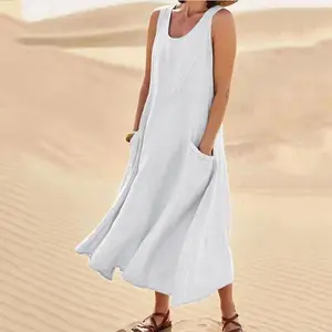 2026 Summer European and American Style Cotton Linen Dress for Women, Casual Sleeveless Crew Neck Midi Dress with Side Pockets, Solid Color Loose Fit Breathable Beach Vacation Daily Wear Dresses
