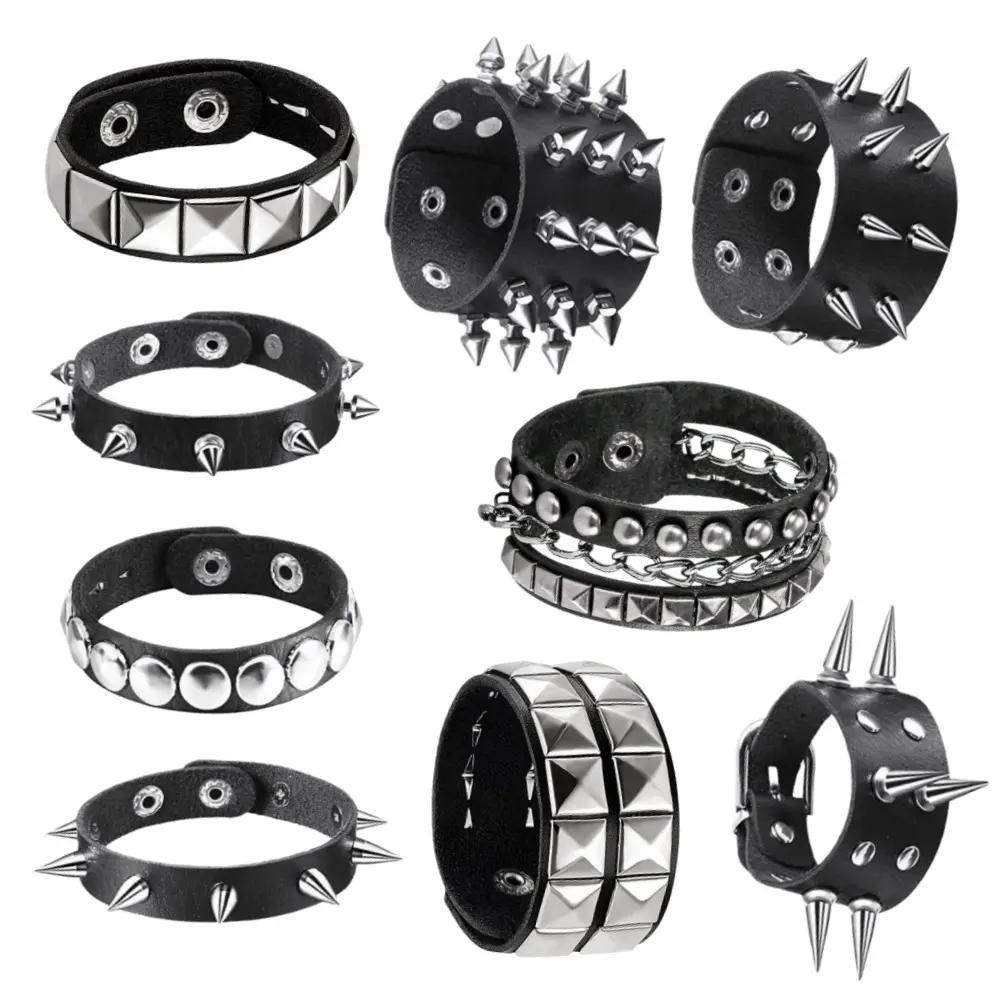 9 pcs Studded Bracelet Black Leather Rivet Punk Bracelet Punk Leather Rivets Bracelet Bangle Snap Button Wristband for Men Women
