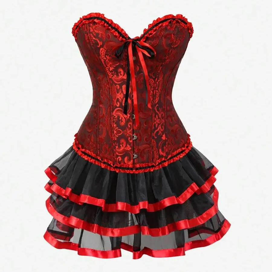 Women's Steampunk Corset and Skirt Set, 2-Piece Gothic Floral Costume with High-Low Ruffles, Halloween Party Clothes