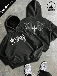 Men's Vintage Washed Metal Style Hoodie, Graphic Thorn Cross Pattern, Soft Cotton Fabric, Streetwear for Spring & Fall