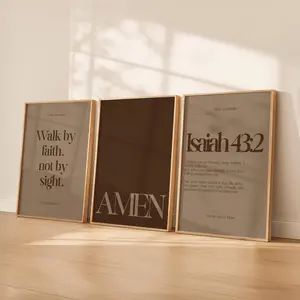 Modern Christian Wall Art Set of 3 | Daily Reminder Scripture Prints | Neutral Faith Bible Verse Decor | Isaiah 43:2, Walk by Faith, Amen