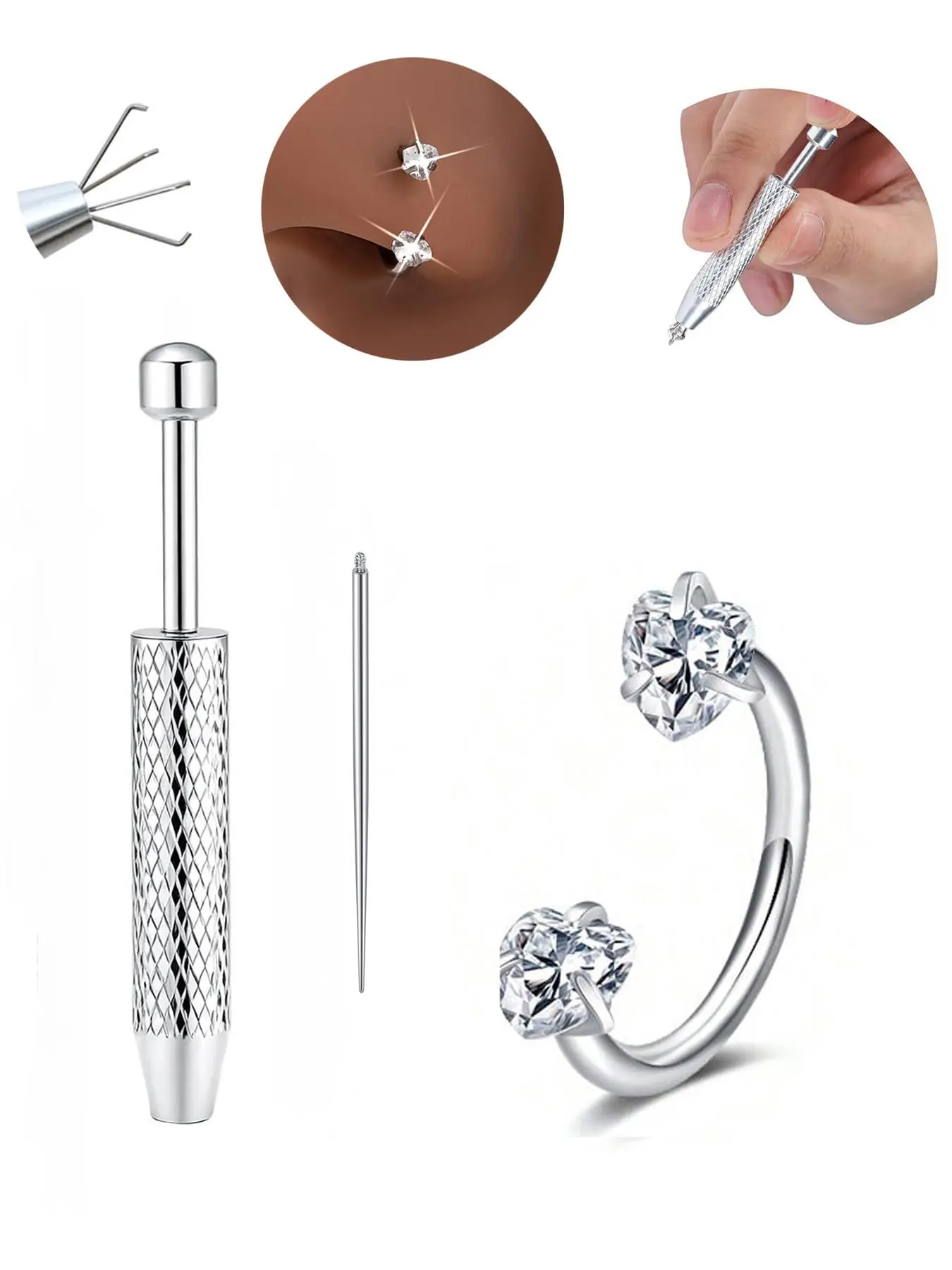 20gauge Heart CZ Heart Shaped Feature Horseshoe Nose Rings With Piercing Ball Grabber Tool, Internal Threaded Horseshoe Septum Ring Cartilage Tragus Earrings Helix Body Piercings Jewelry Labret Lip Hoops Hypoallergenic Material Stainless Steel 8mm