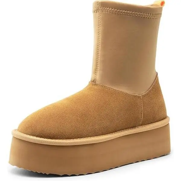 Dream Pairs Women's Mid-Calf Platform Winter Snow Footwear - Genuine Suede Upper, Elastic Lycra Shaft, Plush Faux Fur Lining, EVA Insulated Insole, High-Density Memory Foam, EVA Outsole, Leg-Lengthening Platform Boot for Indoor & Outdoor Use, Statement Sh