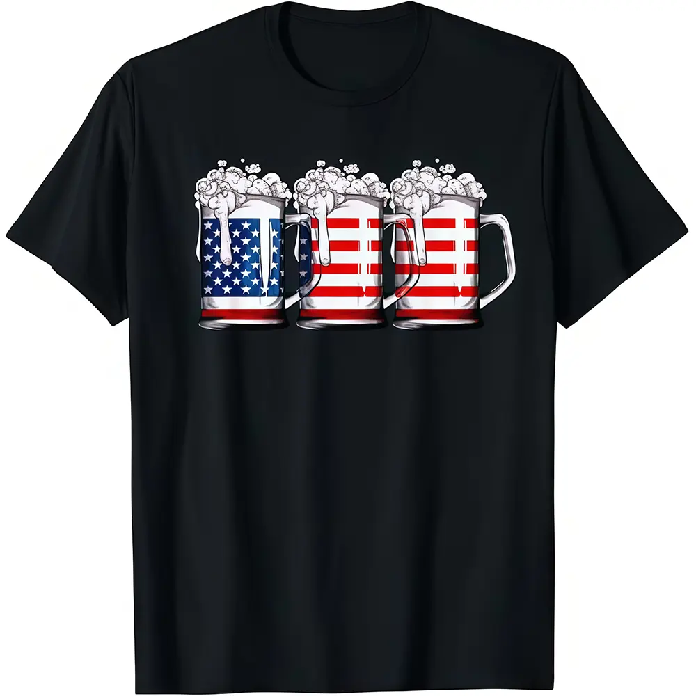 Men's Classic Fit Cotton Fabric All Seasons Flag Pattern T-Shirt - 4th of July American USA Merica Drinking Theme, Multi-Size Sports Top, Printed Image