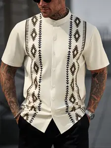 Men's Summer Casual 3D Printed Short Sleeve Button-Up Shirt, Fitted Striped Design for Business and Leisure, Comfortable Woven Fabric