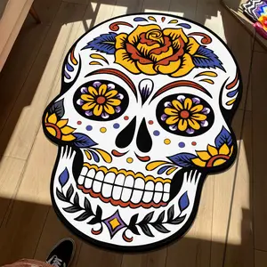 Halloween Floral Skull Decorative Carpet, Soft Area Rug for Living Room Bedroom Balcony Outdoor Leisure Areas, American Retro Style
