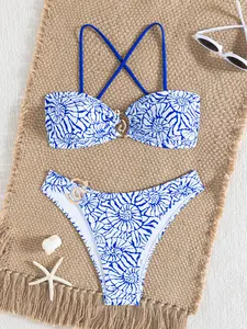 New Blue-And- Porcelain Bikini Set, Sexy Halter Neck Design, 2-Piece Vacation Swimwear, Fashionable Women's Swimsuit, Halter String Bikini, Tie Back Bikini