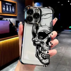 Transparent Black Skull Electroplated Air Cushion Four-corner Thickened Mobile Phone Case for iPhone 17 Air 16 15 14 13 12 11 Pro Max Plus border Electroplating with counter-fall Safety Cushion 2D printing