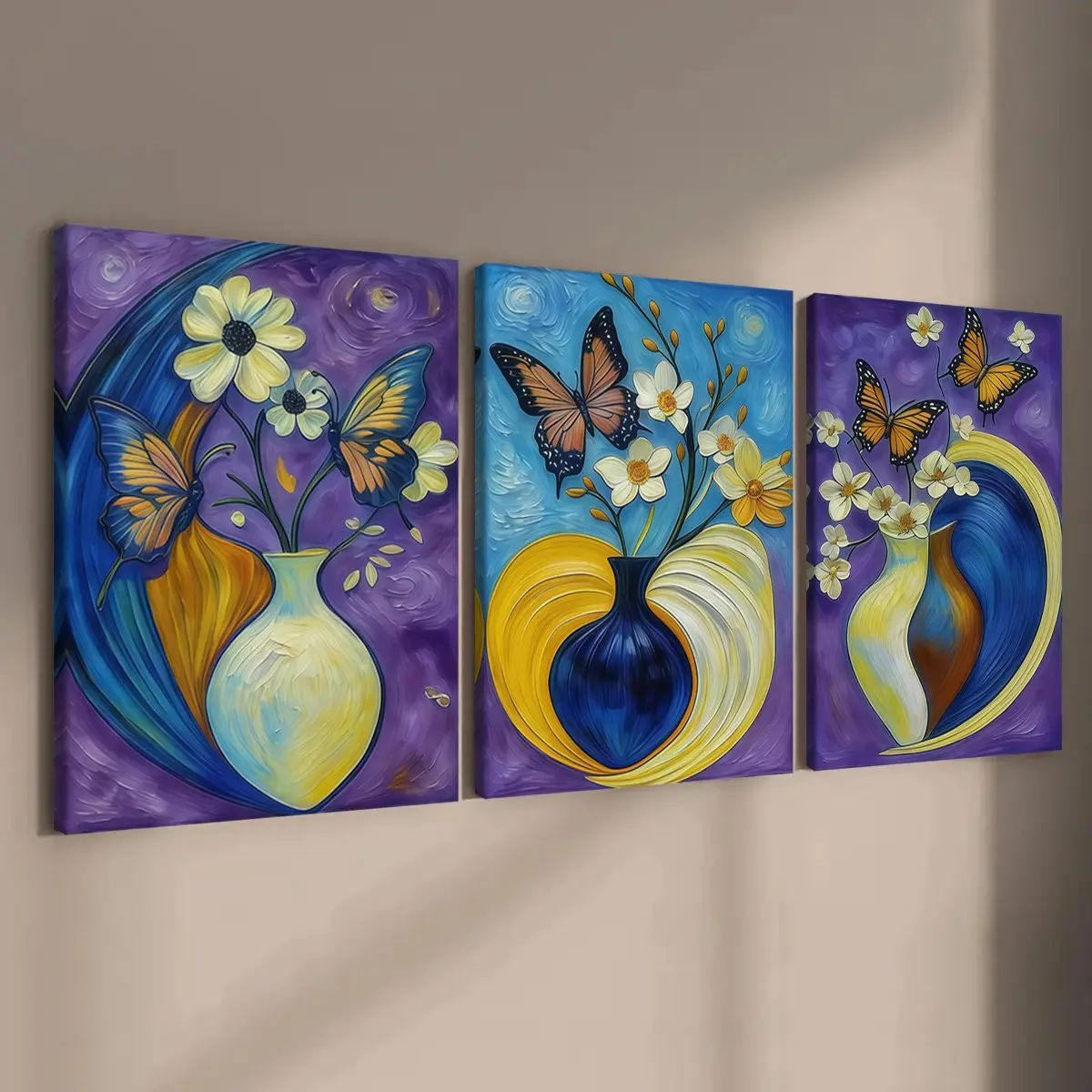 3-count wooden frame canvas, purple and blue contrasting flower and monarch butterfly art posters, light luxury and retro entrance hall decoration posters, family posters, modern living room decoration, Modern home decoration, Canvas Wall Art