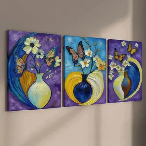 3-count wooden frame canvas, purple and blue contrasting flower and monarch butterfly art posters, light luxury and retro entrance hall decoration posters, fashionable family posters, modern living room decoration, suitable for corridor and bedroom walls