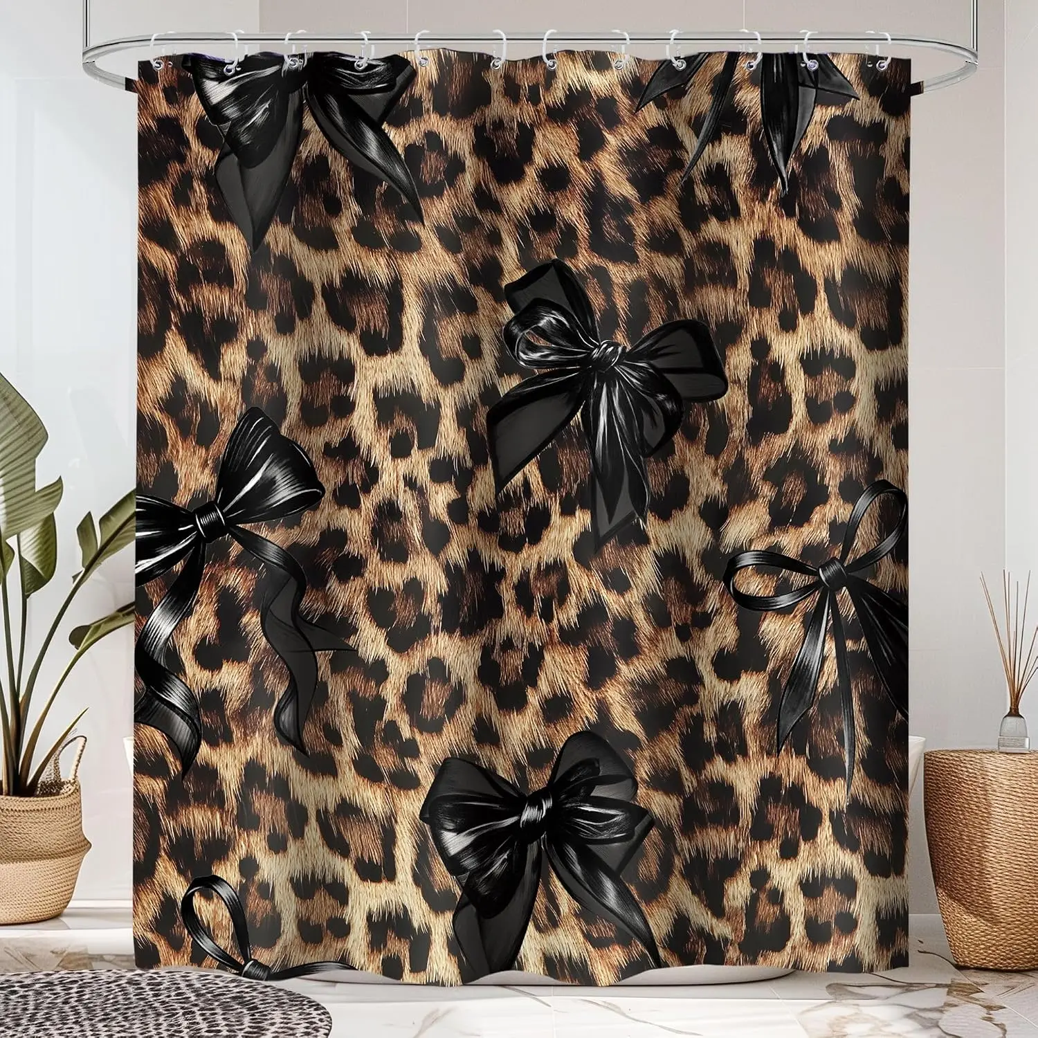 Leopard Pattern Fabric Shower Curtain - Black Bold Print, Pink Brown Bow, 12 Metal Hanging Rings, Machine Washable Bathroom Accessory, Home Decor for Shower Stall Partition