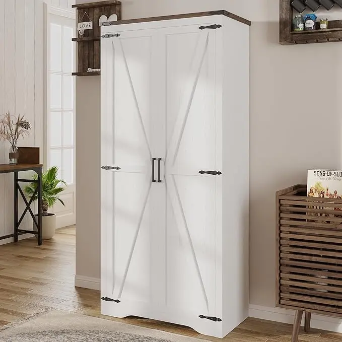 [Summergarden] Vabches Farmhouse Storage Cabinet with Adjustable Shelves, Large Pantry Organize with 2 Barn Doors, Tall Freestanding Cabinet for Kitchen, Bathroom/Garage/Basement/Living/Utility Room