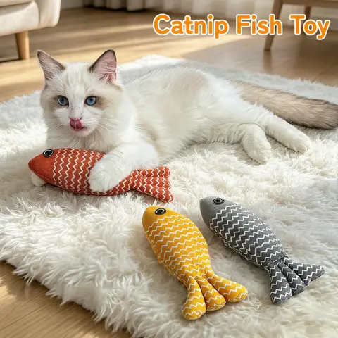 Catnip Fish Cat Kicker Toy - Soft Cotton-Linen Stuffed Toy with Plump PP Cotton Filling, Wave Pattern, No Battery, Universal Fit, Great for Indoor Play & Kicking & Biting, Stimulates Play