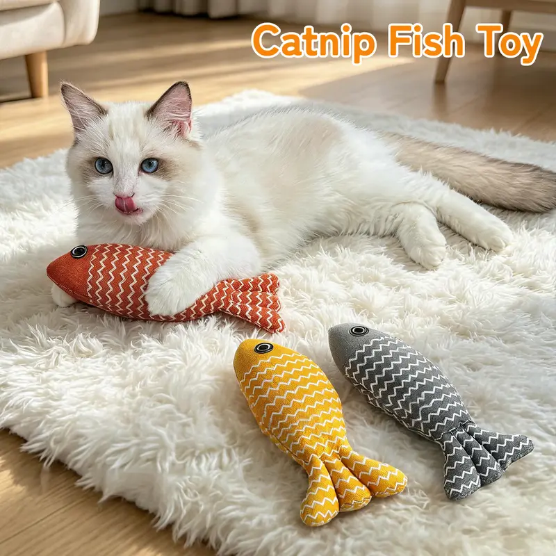 Catnip Fish Cat Kicker Toy - Soft Cotton-Linen Stuffed Toy with Plump PP Cotton Filling, Wave Pattern, No Battery, Universal Fit, Great for Indoor Play & Kicking & Biting, Stimulates Play