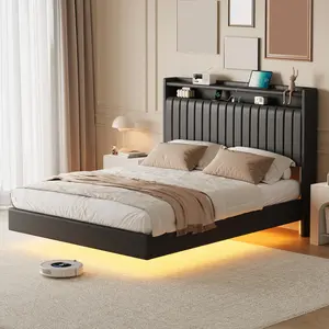 Garvee Queen Full Size Floating Bed Frame with LED Lights, Upholstered Leather Platform, 50" Tall Headboard, Built-in USB/AC Charging Station, RGB Headboard & Under-Glow Lighting, No Box Spring Needed, Stable Black Structure