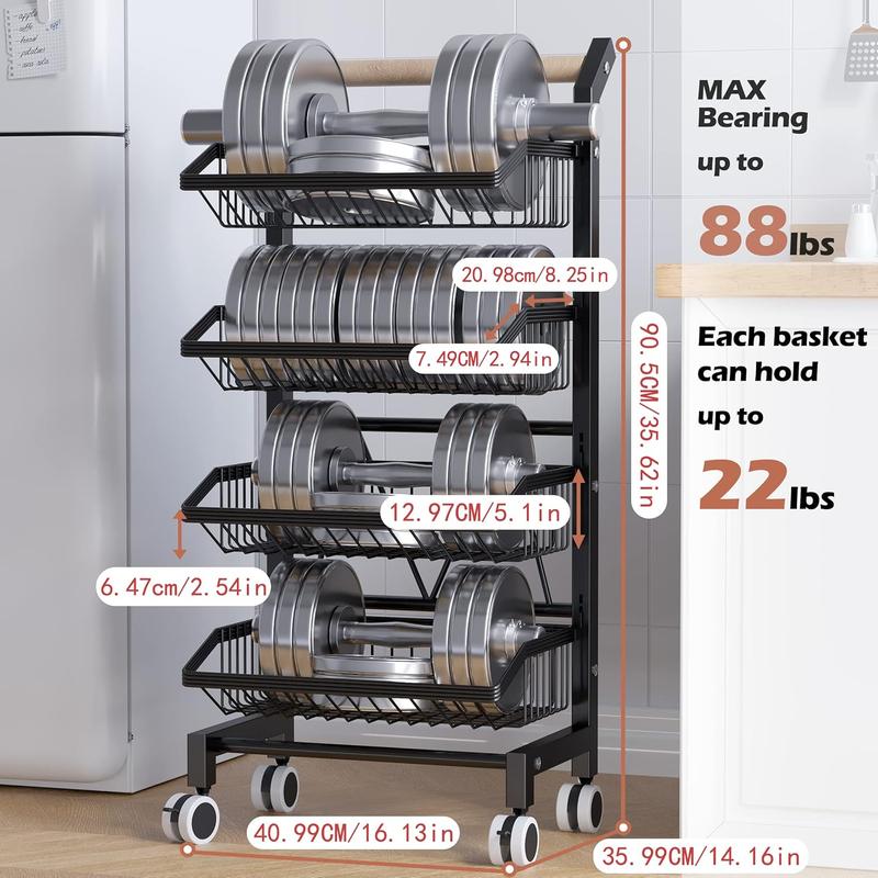4-Tier Storage Cart with Wheels Rustproof Snack Cart Adjustable Vegetable Fruit Rack Rolling Pantry Utility Kitchen Cart with Solid Wood Handle Detachable Fruit Baskets 360°Movable Organiser