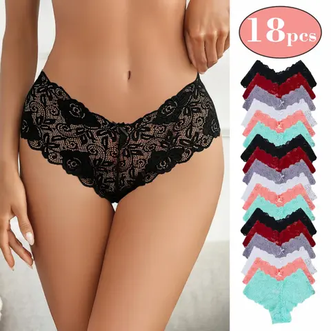 tretchy Lace Trimmed Bikini Underwear - Sexy Underwear for Women, Bikini Panties, Seamless Panties (18-Pack)