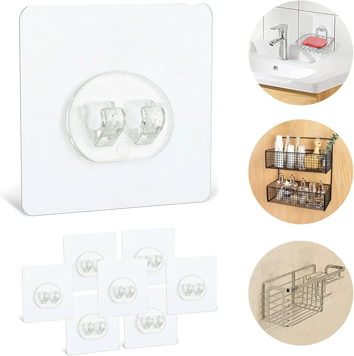 8 Pack ShowerAdhesive Hooks Replacement, Strong sticker Single Hooks for Bathroom Shower Caddy Corner Shelf basket Soap Dish adhesive hanging Hooks, No Drilling Wall Shower Kitchen Accessories