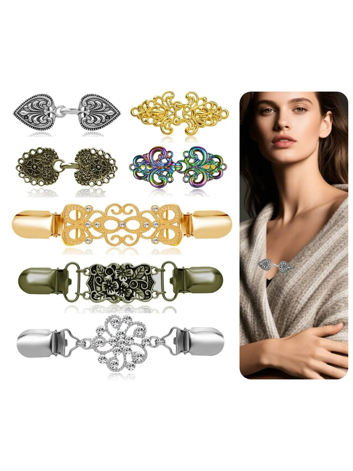 7 Pcs Vintage Sweater Shawl Clips Retro Cardigan Collar Dress Shirt Jacket Waist Brooch Clip for Women Clothing Multiple Colors 7 Styles Flower Brooch