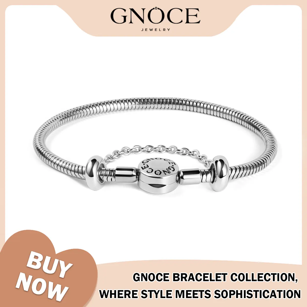 GNOCE Stainless Steel Snake Chain Charm Bracelet - Safety Chain, Round Clasp, DIY Bangle, Casual Trendy Jewelry for Adults, Tarnish Proof Bracelet with Charms