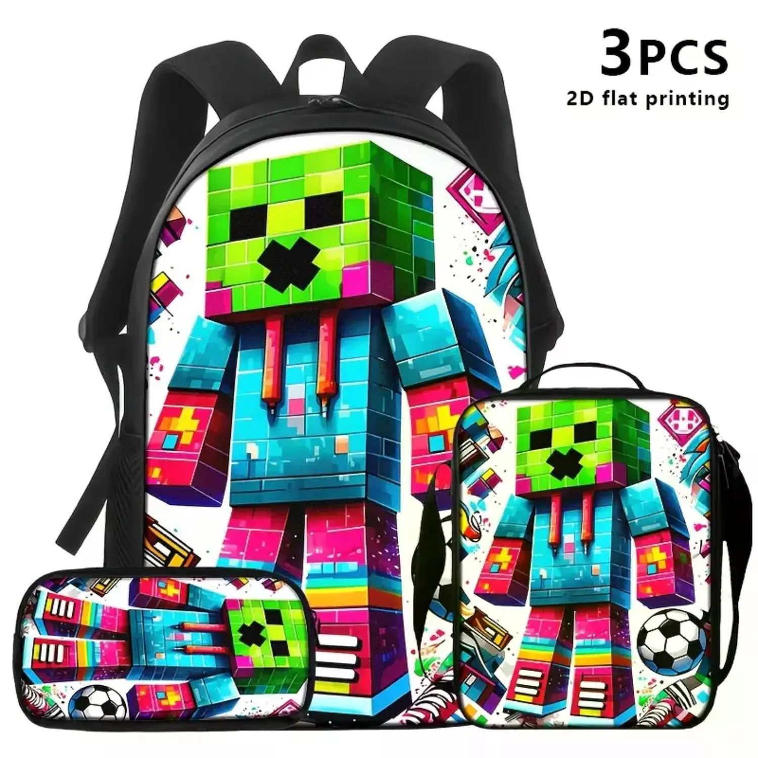 Unisex Pixel Art Gaming Character Bag Set - 1/2/3-Piece Options (Backpack, Shoulder Bag, Storage Pouch) Oxford Fabric Travel Gear for Sports, Outdoor, and Gym Use