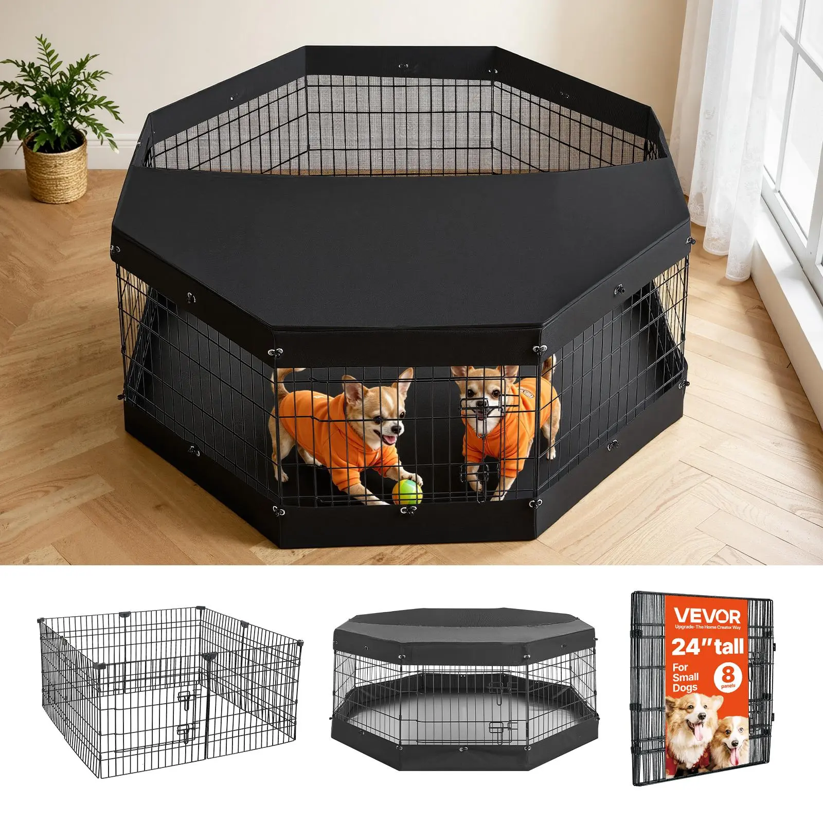 【SummerFinds】VEVOR Dog Playpen 24 Inch 8 Panels Exercise Pen with Top Cover & Bottom Pad, Indoor Foldable Metal Pet Fence with Door, Heavy Duty Puppy Crate Kennel Pen for Dogs, Cats, and Other Small Animals, Black
