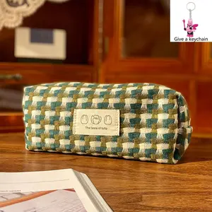 Checkered Pencil Case for Girls Cute Pen Pouch with Keychain Office School Storage Bag