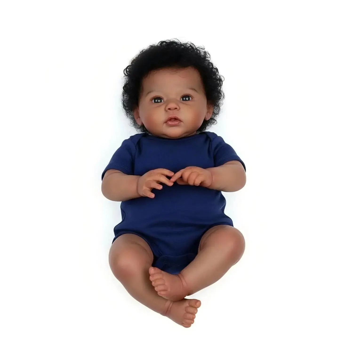19-Inch Realistic African American Reborn Baby Boy Doll - Curly Hair, Navy Blue Outfit, Black Skin Tone, Ideal Size, Caregiving Skills Toy, Detailed Features, Christmas Gift for Boys