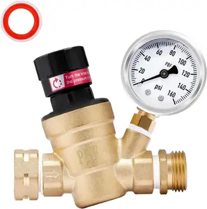 RV Water  Regulator,  Brass Adjustable Water  Reducer Valve, with Gauge and Inlet Screen Filter, for RV Camper Travel Trailer