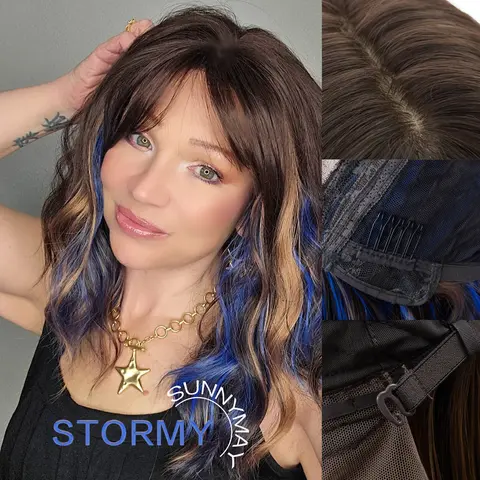 SUNNYMAY Stormy Plus 18-Inch Mid-Length Water Wave Layered Glueless Bangs Synthetic Full Machine Wig for Women, Twilight Swirl, 4x4.5 Bionic Natural Scalp, Hard Silky Top, Machine-Made Wig Beginner Wigs Wigs That Look Real Wig for Women Hair Wigs