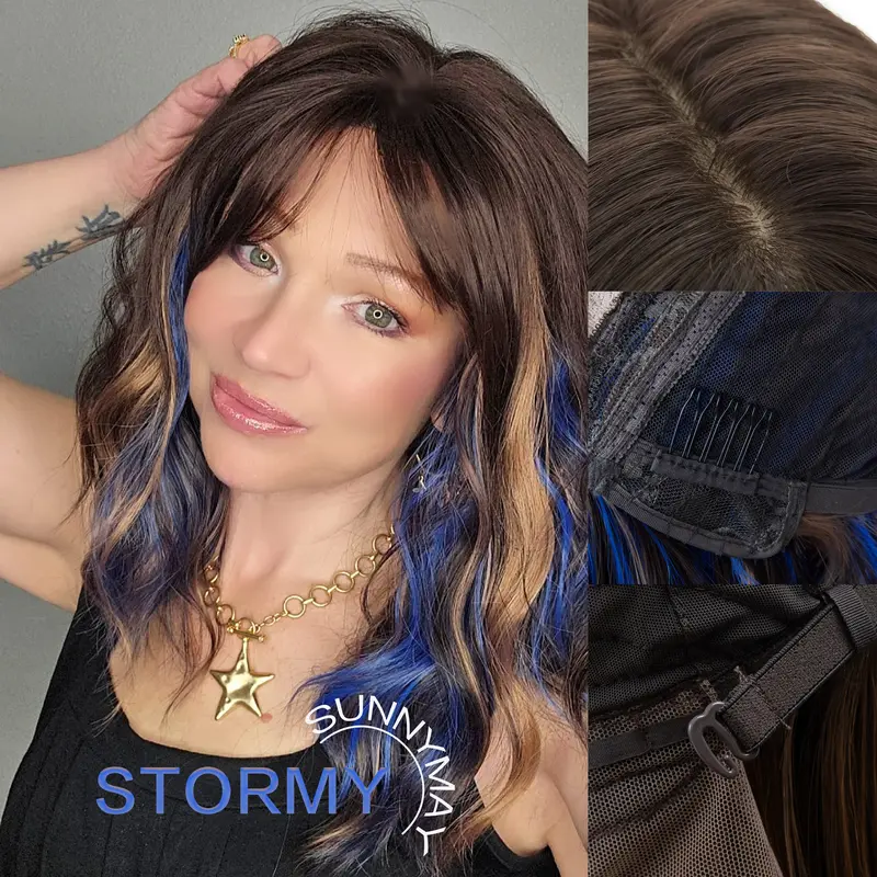 SUNNYMAY Stormy Plus 18-Inch Mid-Length Water Wave Layered Glueless Bangs Synthetic Full Machine Wig for Women, Twilight Swirl, 4x4.5 Bionic Natural Scalp, Hard Silky Top, Machine-Made Wig Beginner Wigs Wigs That Look Real Wig for Women Hair Wigs