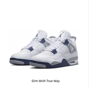 Retro Mid-Top Basketball Shoes in White Leather with Cement Grey Splash Details and Midnight Blue Accents