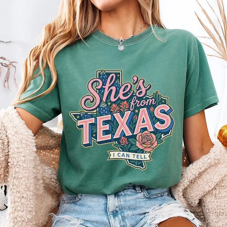 Comfort Colors She's From Texas Shirt, Retro Texas T-Shirt, Bluebonnet Floral Texas Girl Tee, Southern State Pride Gift, Shes From Texas I Can Tell Shirt