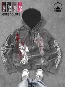 Same design for men and women, Dark-themed angel/gothic lace pattern print, retro American-style wash water cotton zipper hooded cardigan sweatshirt, suitable for spring and autumn, warm with cotton, and is perfect for street gothic fashio, Fashion