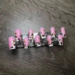 Cow Print pink base hand painted gel polish press on nails